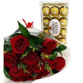 Buquê 12 Rosas vermelhas com Tango e Ferrero Rocher