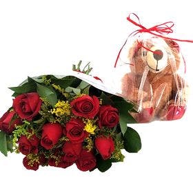 Buquê 12 Rosas vermelhas com Tango mais Pelúcia 35 cm